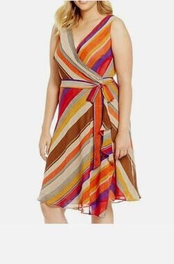 Lauren Ralph Lauren Size 16 Multicolor Stripe Chiffon True Wrap Sleeveless Dress